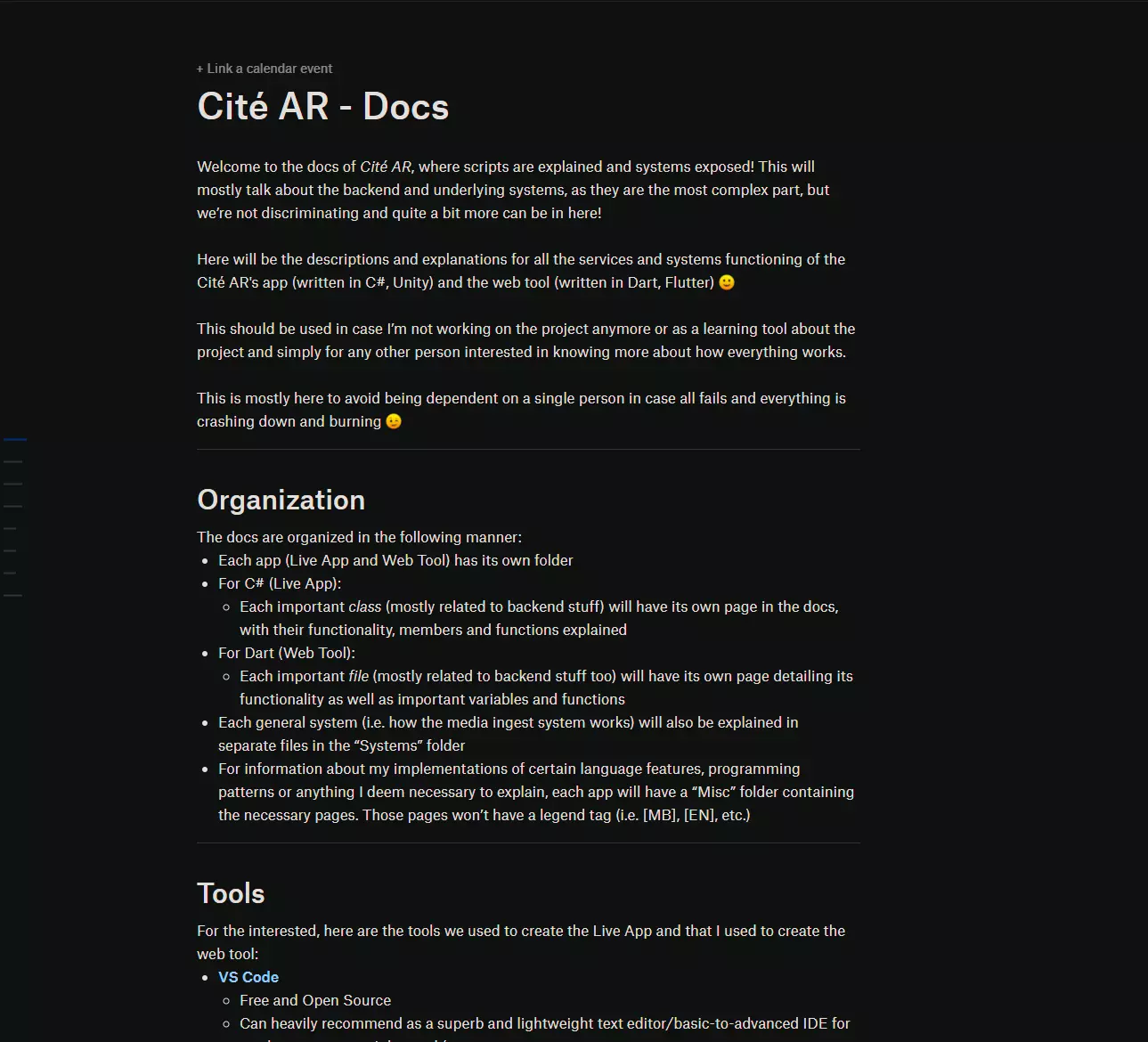 screenshot of the external documentation